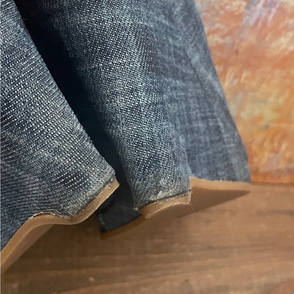 MIU MIU Peep Toe Blue Denim Wedge Heels w/Leather Bow - Picture 12 of 13